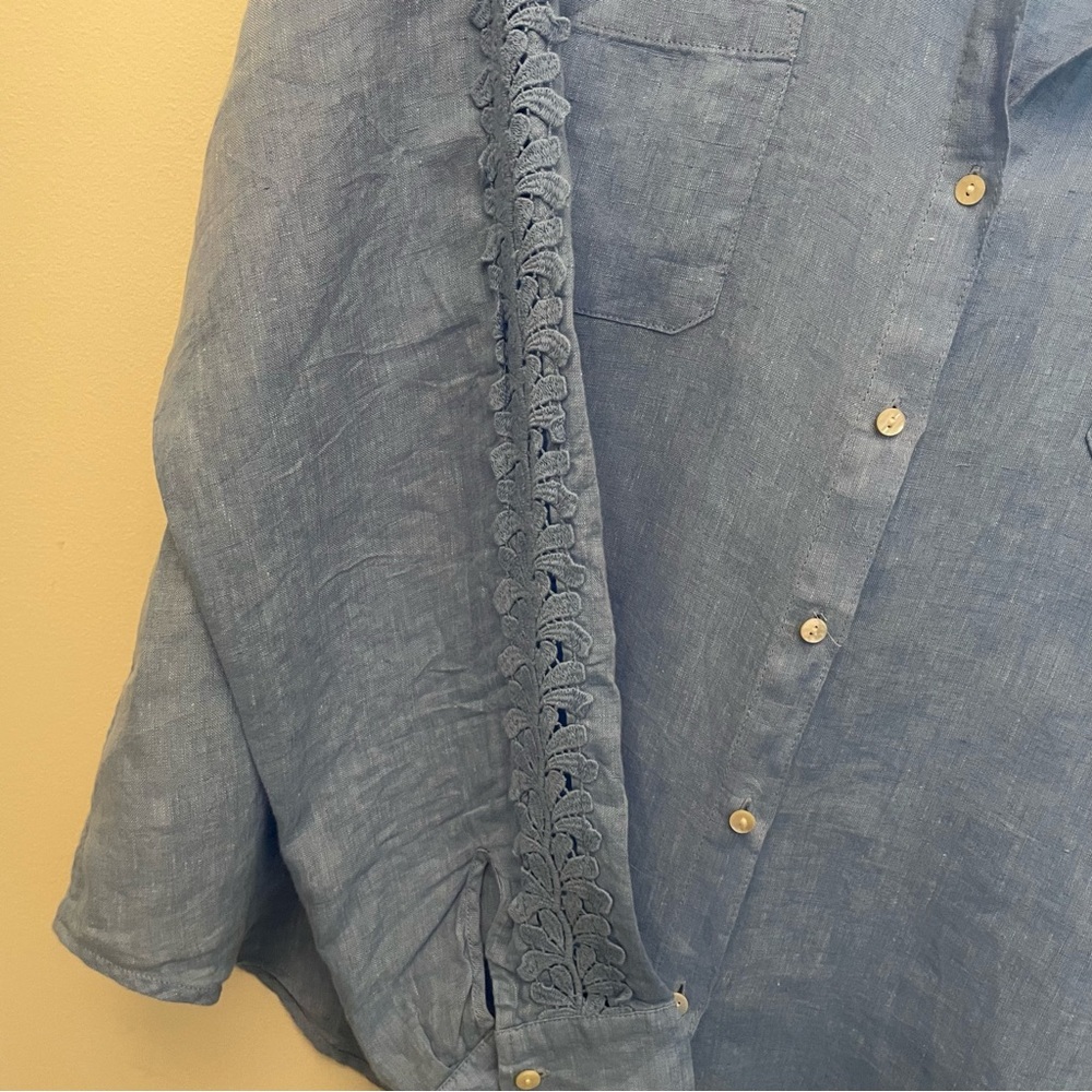 Lilly Pulitzer Blue Linen Long Sleeve Button Down Shirt Crochet Trim Size XL - Picture 6 of 8